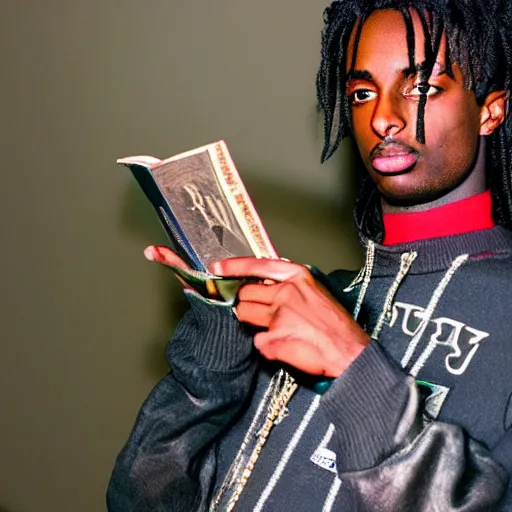 Image similar to playboi carti reading the bible 4 k detailed