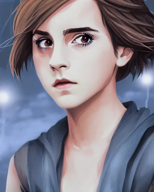 Prompt: Digital state-sponsored anime art of Emma Watson by A-1 studios, serious expression, empty warehouse background, highly detailed, spotlight