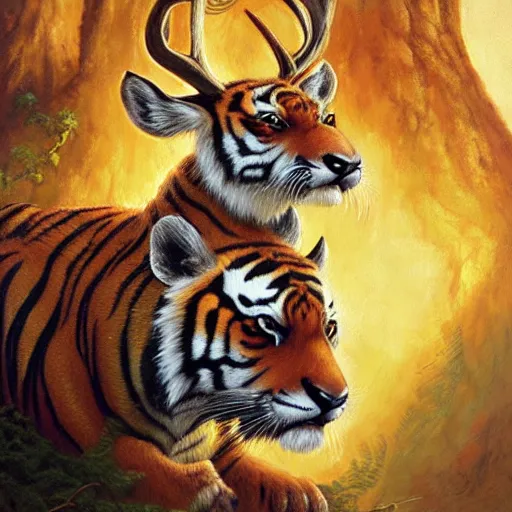 Image similar to tiger - deer creature, oil painting by justin gerard