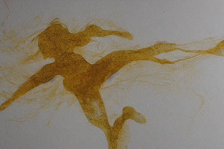 Prompt: beautiful serene gymnastics, healing through motion, life, minimalistic golden and ink airbrush painting on white background, pristine dream