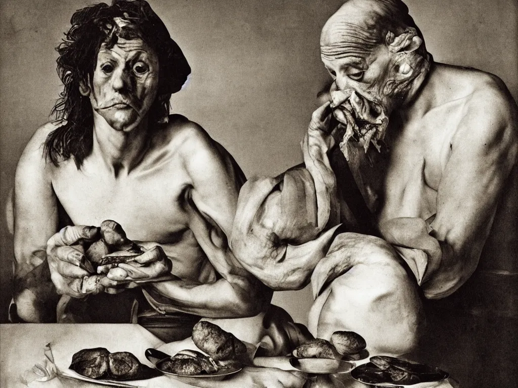 Image similar to Jaded factory worker eating bread. Golden harsh light. Portrait by Caravaggio, Roger Ballen