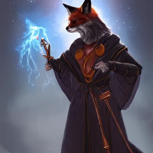 Image similar to the fox magician with a black robe blast a thunder spell with his staff, thunder ray, artstation