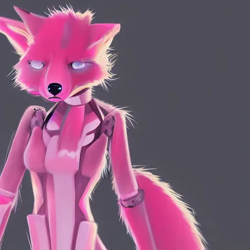 Prompt: digital art artstation, pixiv, portrait of a robotic fox with pink hair, character fursona furry fandom, furaffinity