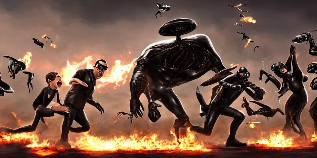 Image similar to an epic battle scene of the Men in Black fighting aliens in the style of Pixar