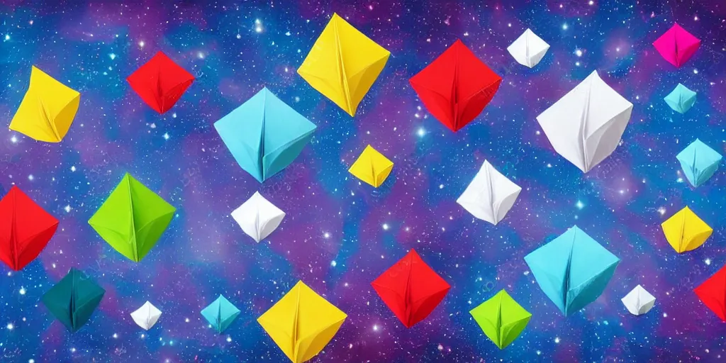 Image similar to origami boxes bigger on the inside. background outer space. photorealistic