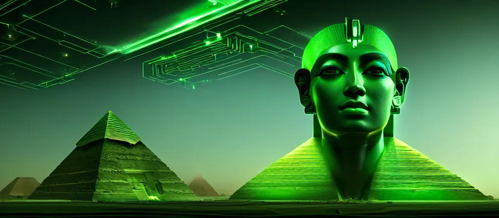 Image similar to the ethereal god of technology close shot the gift of green circuits to humanity. immaculate matte painting. fantastic. velvet and emerald. high key studio lighting. fractal dreams. ancient egypt, trending on artstation, cgsociety, ps 5, uhd 8 k cryengine