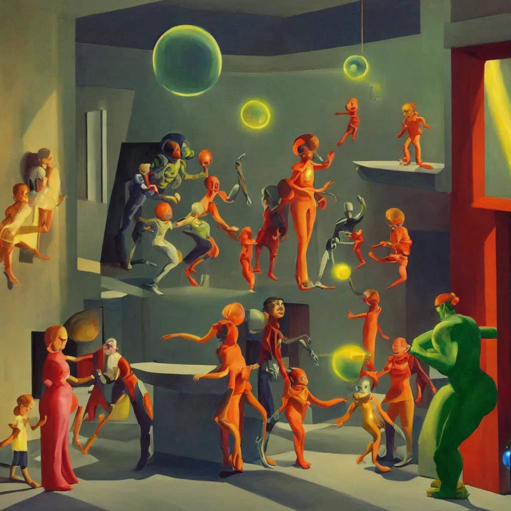 Image similar to painting of a costumed family being shown how to open portals by a large glowing alien in their suburban living room maze, designed by gucci, energetic glowing orbs in the air, in the style of edward hopper and james jean