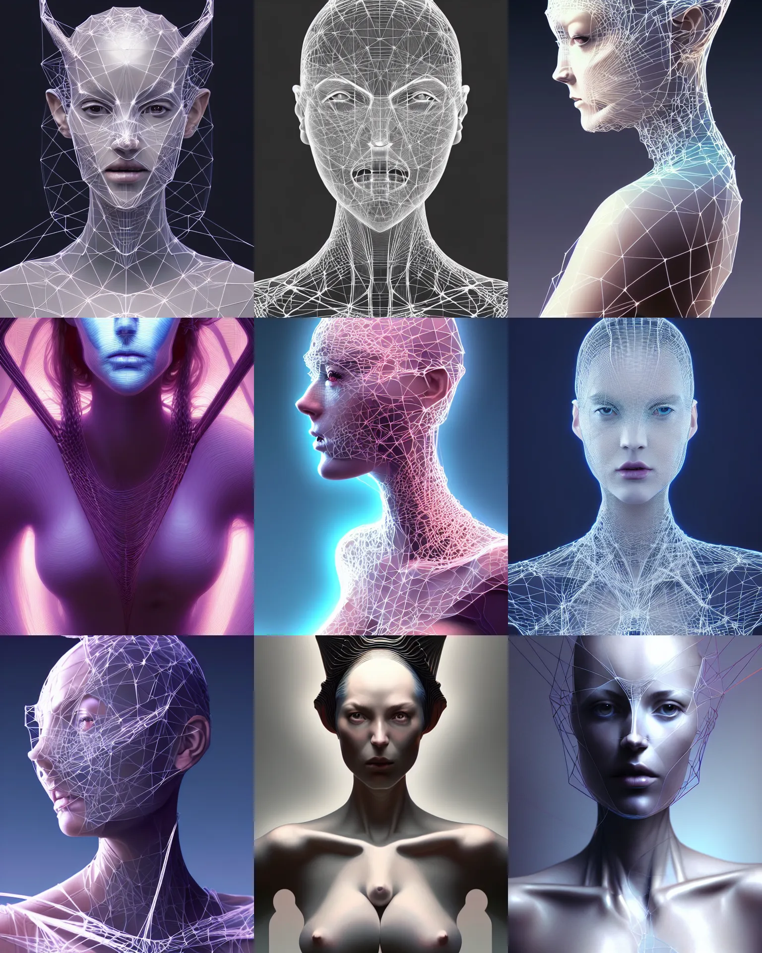 Prompt: woman portrait made from digital wireframe by peter mohrbacher, boris vallejo, hajime sorayama, wayne barlowe,, polymesh, polygroups, maya, zbrush, wireframe models, ultra realistic, dramatic contrast lighting, intricate details, holographic artifacts, landscape of geometric shapes, hexagons, tesseract