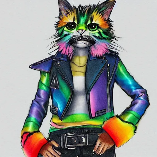 Image similar to wide angle full body, jacket wearing fluffy cute rainbow kitten wearing a black leather motorcycle jacket, concept art