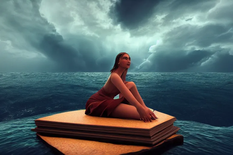 Prompt: A beautiful woman sitting on a giant open book in the middle of the ocean during a storm, dramatic lighting, cinematic, 8k HDR, highly detailed, high quality, octane render, unreal engine 5, path tracing, turbulent sea, concept art, trending on Artstation