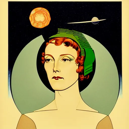 Prompt: Art in the style of Coles Phillips, Gaia, Mother Earth, stars, space, earth, ecology, side portrait