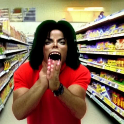 Prompt: micheal jackson giant mouth screaming yelling in supermarket