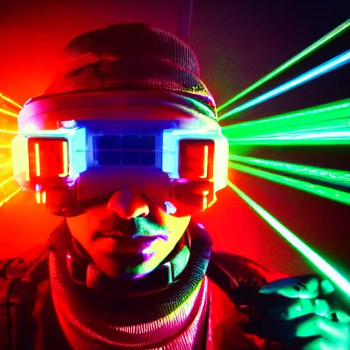 Image similar to Cyber pope shooting bright lasers out of his head, 80s, science fiction, cyberpunk, neon, low angle shot