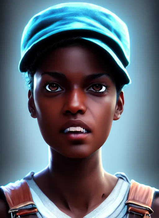 Image similar to An epic fantasy comic book style portrait painting of a young dark skinned girl with short hair wearing fantasy clothes dressed as a boy and wearing newsboy cap, unreal 5, DAZ, hyperrealistic, octane render, cosplay, RPG portrait, dynamic lighting