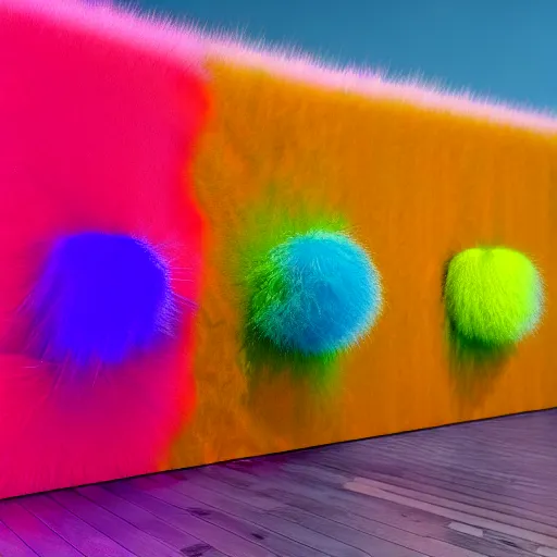 Prompt: : colorful abstract fuzzy sculpture on the wall in modern architecture, cinematic lighting, hyper - realistic, detailed, render by c 4 d octane, unreal engine, 8 k 3 d render