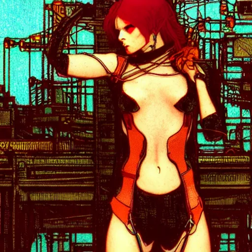 Image similar to redhead female cyberpunk, wires cables skulls, machines, in the style of john william waterhouse, and michael w kaluta, 4 k photo autochrome