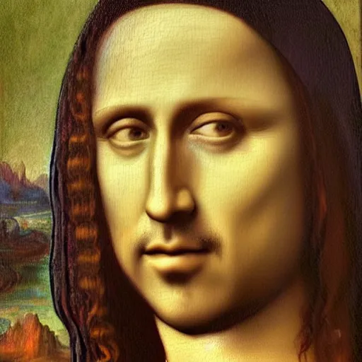 Image similar to An oil painting portrait of Nicolas Cage in the style of the Mona Lisa, by Leonardo da Vinci, trending on arstation