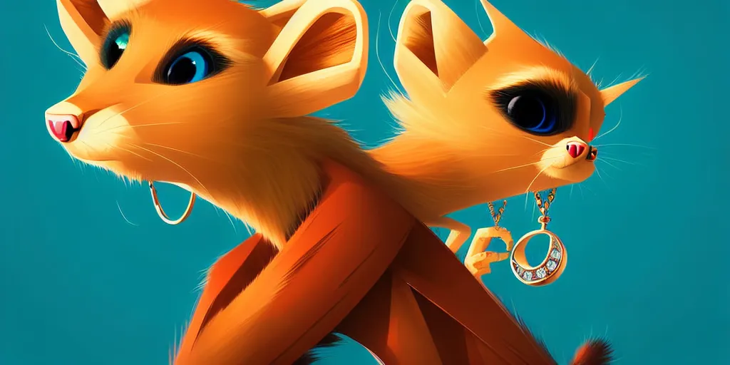 Image similar to curved perspective, extreme narrow, extreme fisheye, digital art of a female marten animal cartoon character wearing jewlery with blonde hairstyle by anton fadeev from nightmare before christmas
