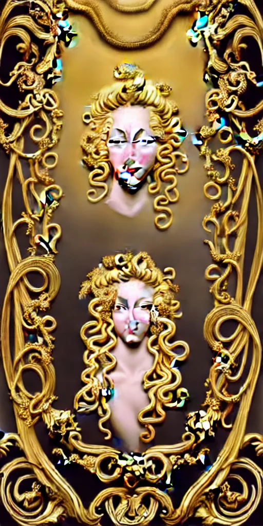 Image similar to the source of future growth dramatic, elaborate emotive Golden Baroque and Rococo styles to emphasise beauty as a transcendental, seamless pattern, symmetrical, large motifs,versace medusa logo in centre, bvlgari jewelry, rainbow syrup splashing and flowing, Palace of Versailles, 8k image, supersharp, spirals and swirls in rococo style, medallions, iridescent black and rainbow colors with gold accents, perfect symmetry, High Definition, photorealistic, masterpiece, 3D, no blur, sharp focus, photorealistic, insanely detailed and intricate, cinematic lighting, Octane render, epic scene, 8K