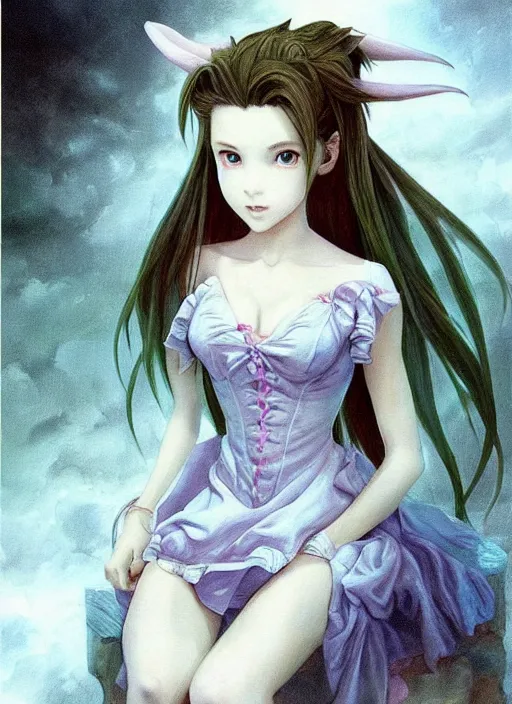 Prompt: devilish Aerith Gainsborough stares intently at you. surreally cute. ultra detailed painting at 16K resolution and epic visuals. epically surreally beautiful image. amazing effect, image looks crazily crisp as far as it's visual fidelity goes, absolutely outstanding. vivid clarity. ultra. iridescent. mind-breaking. mega-beautiful pencil shadowing. beautiful face. Ultra High Definition. processed twice. polished marble.