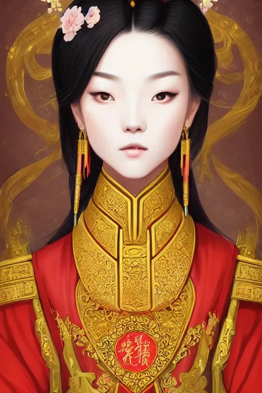 Image similar to a lovely and shiny young empress of qing dynasty, face by artgerm, ross tran, fuji choko, loish, 8 k resolution, attractive, symmetrical portrait, beautifully detailed landscape of ruin, trending on pixiv and pinterest, charming black eyes, luxury, perfect face, smooth, dreamlike