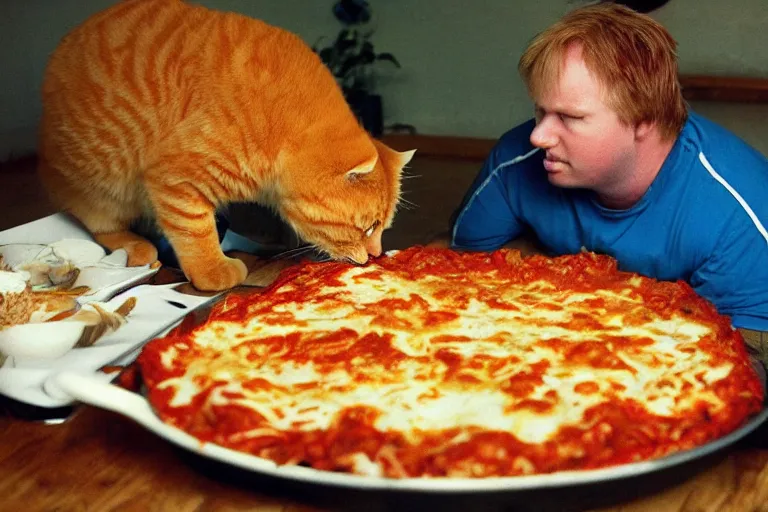 Image similar to large overweight orange cat eating lasagna by Roger Deakins