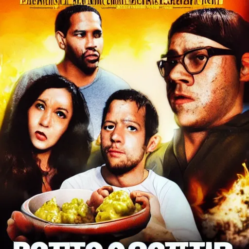 Image similar to potato salad action movie poster, explosions in background