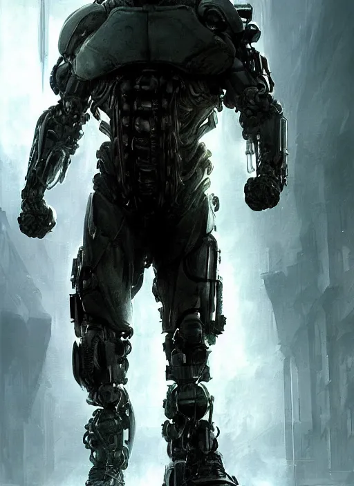 Image similar to vin diesel as victor stone, full body concept, cyborg, borg, strogg, face of a man, terminator, flesh, quake strogg, doom demon, wolfenstein, monstrous, powerful, symmetry, symmetrical, concept art by ruan jia and greg rutkowski