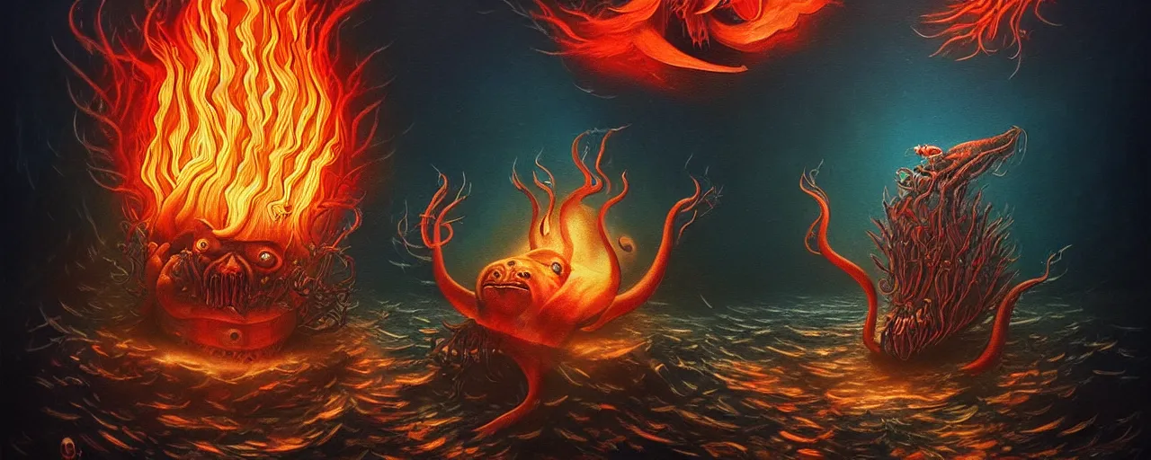 Image similar to mysterious bestiary of wild emotion monsters repressed in the deep sea of unconscious of the psyche lead by baba yaga, about to rip through and escape in a extraordinary revolution, dramatic fire glow lighting, surreal painting by ronny khalil