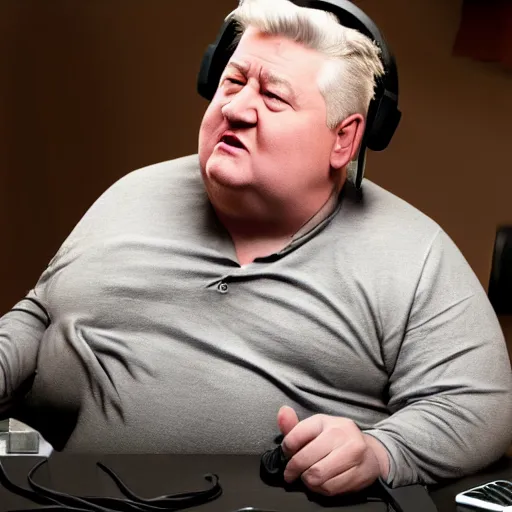 Prompt: obese David Lynch wearing a headset yelling at his monitor while playing WoW highly detailed wide angle lens 10:9 aspect ration award winning photography Twin Peaks