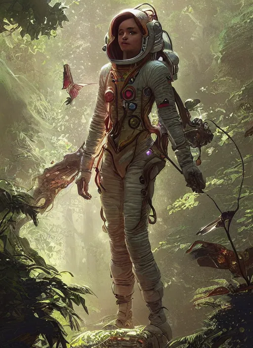 Image similar to a beautiful female astronaut exploring a magical rain forest, D&D, fantasy, intricate, cinematic lighting, highly detailed, digital painting, artstation, concept art, smooth, sharp focus, illustration, art by Terry Moore and Greg Rutkowski and Alphonse Mucha