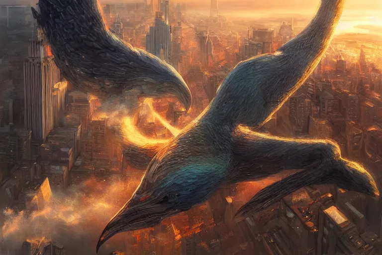 Prompt: giant bird destroys New York, giant bird monster, dramatic oil painting, volumetrics, explosions, cityscape, by WLOP, by Artgerm