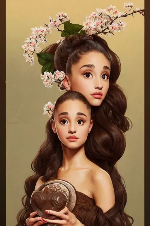 Image similar to beautiful cottagecore Ariana Grande holding a chocolate colored vase. intricate, elegant. the background is chocolate !. highly detailed, digital painting, artstation, concept art, smooth, sharp, focus, illustration. . art by artgerm and greg rutkowski and alphonse mucha