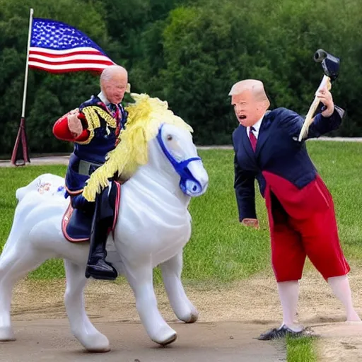 Image similar to Biden, Trump, Putin, Xi, as kids riding a hobby horse shooting each other with water pistols, cartoon!!!!,