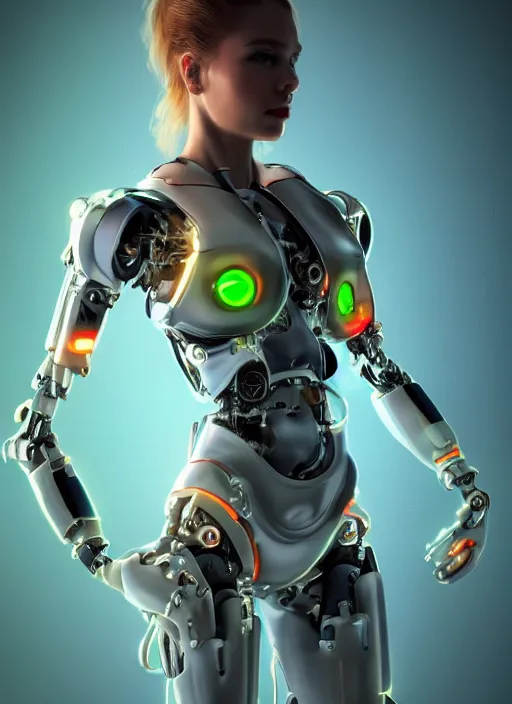 Image similar to photorealistic detailed full body picture of a female cyborg, pretty face with arms and legs and feet and hands, complete body, glamour pose, neon lights, humanoid, extreme, uhdr, book called the most influental cyborg in 2 0 5 0, fine details, highly detailed, intricate, smooth sharp focus, symmetrical features, environmental portrait, realistic render