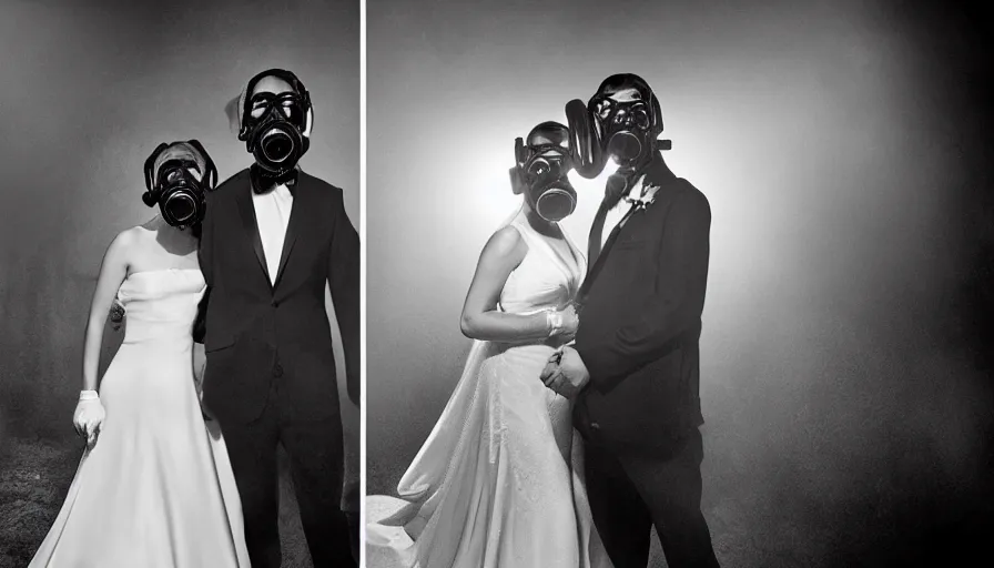 Image similar to disturbing big budget hollywood movie bride and groom wearing gas masks at the marriage of reason and squalor perfect composition dramatic lighting chiaroscuro