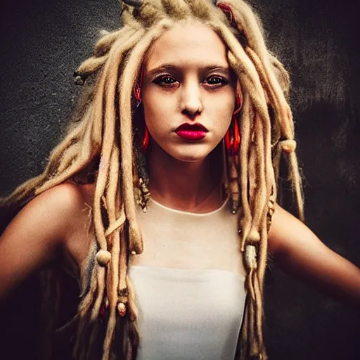 Image similar to instagram photography flawless beautiful female with blonde and red dreadlocks in a black ballgown, dark, piercing eyes, exotic stoic expression, photorealistic, highly detailed, mysterious lighting, smooth, sharp focus, 8 0 mm camera