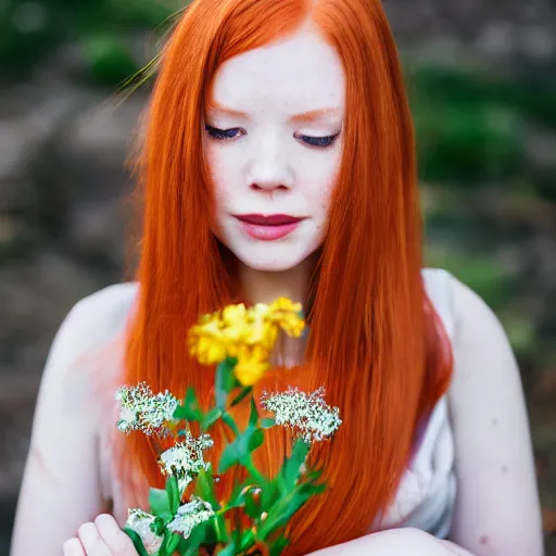 Image similar to Portrait of a young redhead lady with a flower, Canon EOS R3, f/1.4, ISO 200, 1/160s, 8K, RAW, unedited, symmetrical balance, in-frame