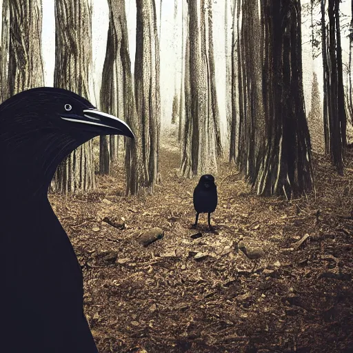 Prompt: werecreature consisting of human and crow, photograph captured in a forest