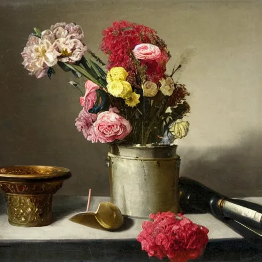 Image similar to A still life of Iron Man's helmet and a vase full of flowers, by Sientje Mesdag Van Houten