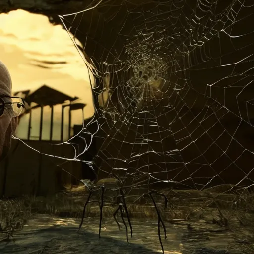 Image similar to walter white as a hideous spider, horror, photorealistic,, features intricate detail, epic composition and the style of unreal engine.