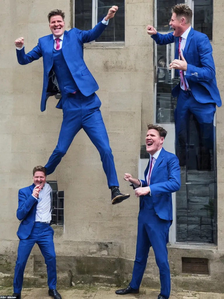 Prompt: Sir Kier Starmer wearing a blue suit laughing as he punches a window