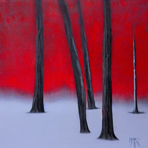 Image similar to blood - red melting trees, liminal, creepy, hyperrealism