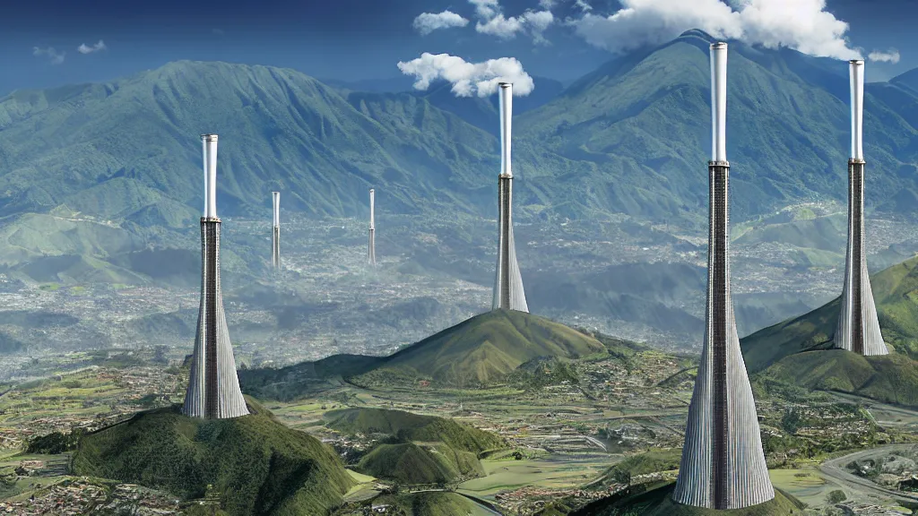 Image similar to Epic Nuclear power towers gracefully over the mountain valley of Quito, Ecuador; by Oswaldo Moncayo and Vincent Callebaut; Art Direction by James Cameron;