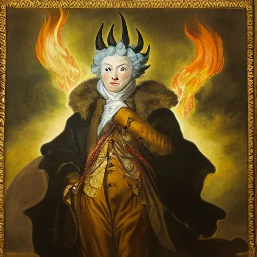 Image similar to 18th century historical painting representing Justin Sun as the Devil, surrounded by flames, royal commission, by Joshua Reynolds, Louvre museum catalog photography