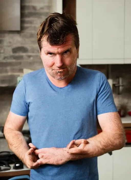 Image similar to an english irish middle aged gentleman with brown moptop hair and red cheeks is in his kitchen. he is clean shaven. he is wearing a dark blue tshirt and shorts. he holds his arms out like chicken wings and dances