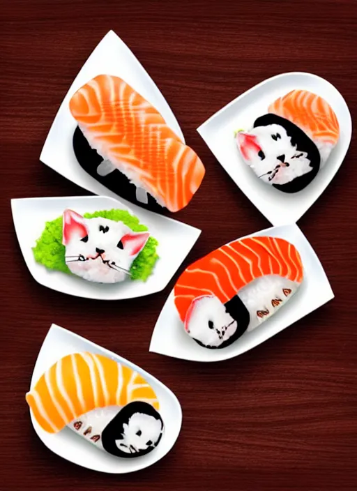 Image similar to clear photorealistic picture of adorable cats made out of sushi, sitting on sushi plates, additional sushi