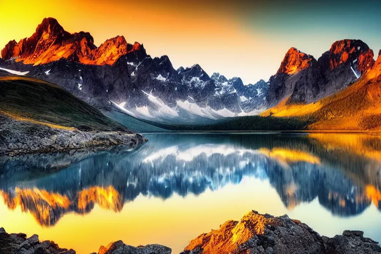 Image similar to amazing landscape photo of mountains with lake in sunset by marc adamus, beautiful dramatic lighting