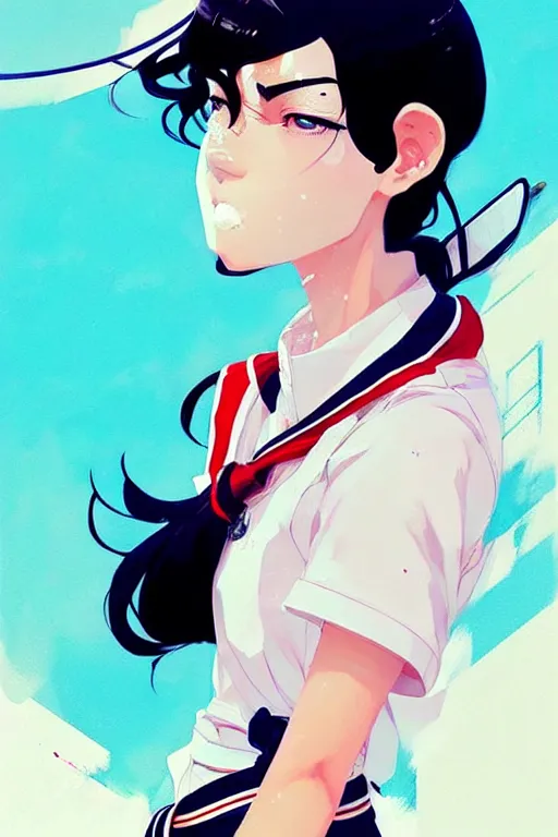 Image similar to a ultradetailed beautiful panting of a stylish woman wearing a sailor uniform, she has black hair, by conrad roset, greg rutkowski and makoto shinkai, trending on artstation