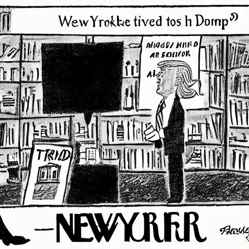 Prompt: new yorker cartoon by rod chast of donald trump, black and white,